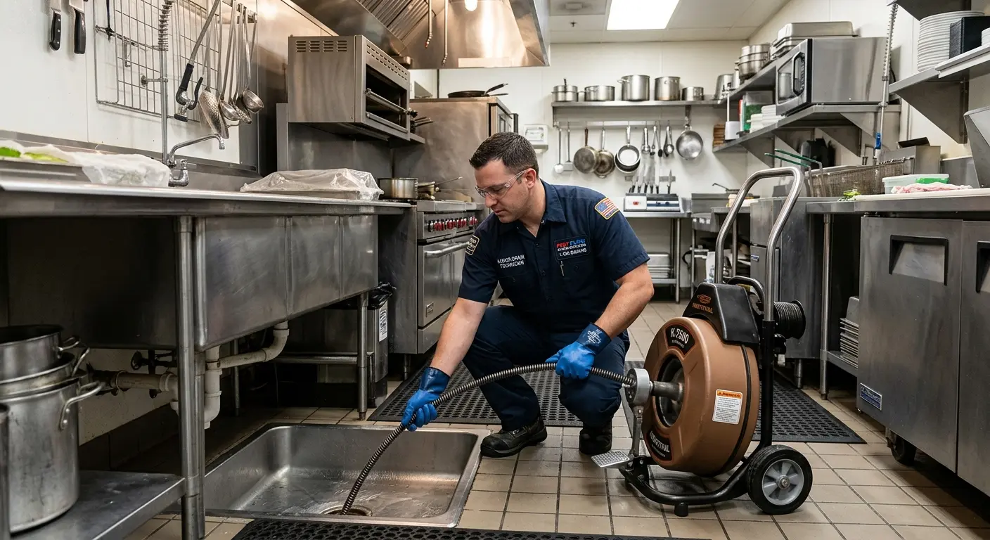 Commercial drain cleaning service in a restaurant kitchen in Metuchen