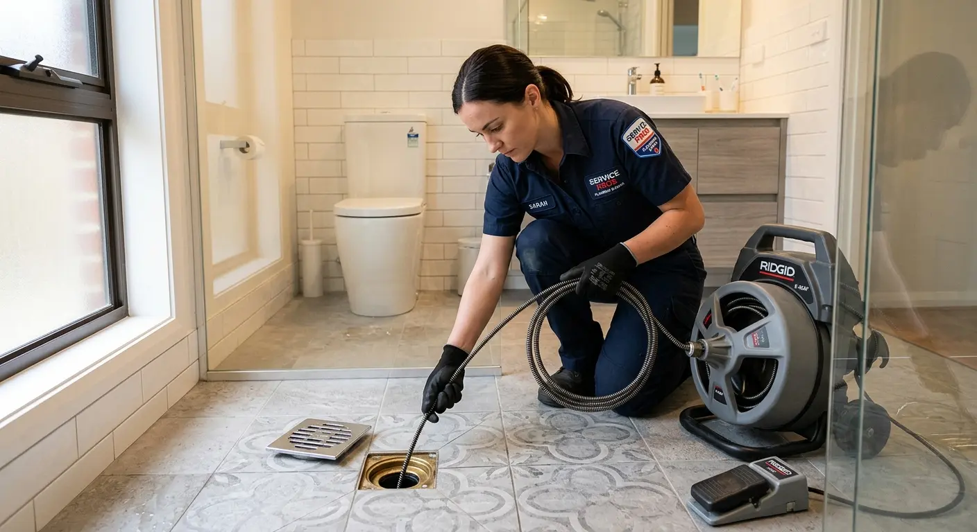Technician clearing a bathroom floor drain for Drain Cleaning in Metuchen